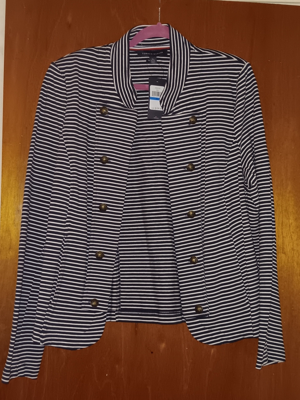 Tommy Hilfiger Navy and White Striped Double-Breasted Blazer